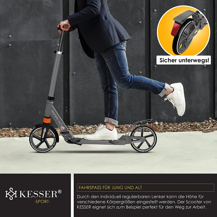 KESSER® Cityroller Scooter 205mm Räder PU Big Wheel - Pro-S Tretroller mit Doppel Federung, City-Roller Scooter klappbar und Höhenverstellbar, Roller Kickscooter für Erwachsene und Kinder Grau – Bild 4