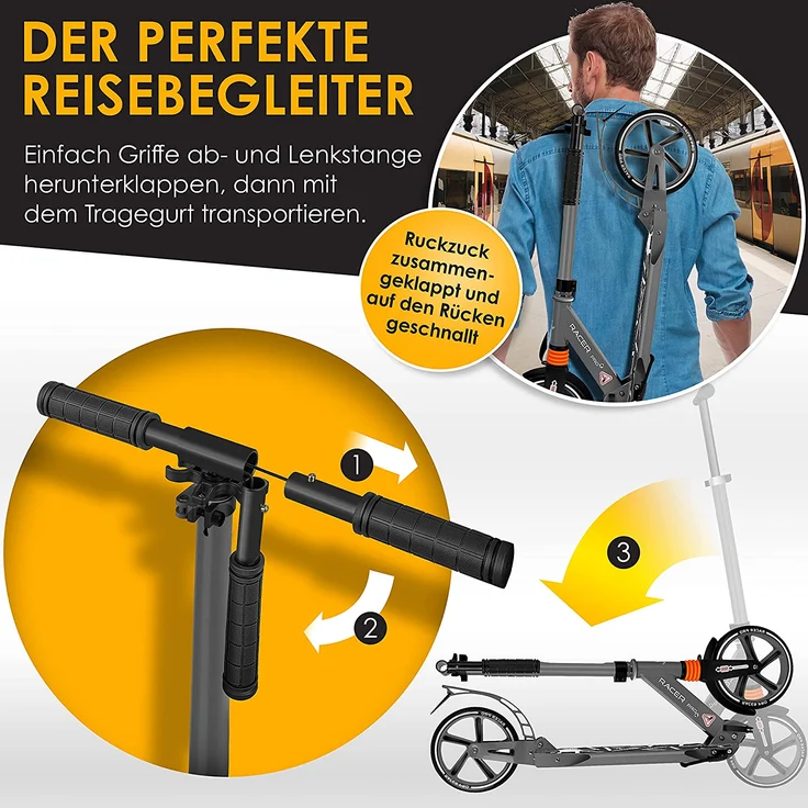 KESSER® Cityroller Scooter 205mm Räder PU Big Wheel - Pro-S Tretroller mit Doppel Federung, City-Roller Scooter klappbar und Höhenverstellbar, Roller Kickscooter für Erwachsene und Kinder Grau – Bild 6