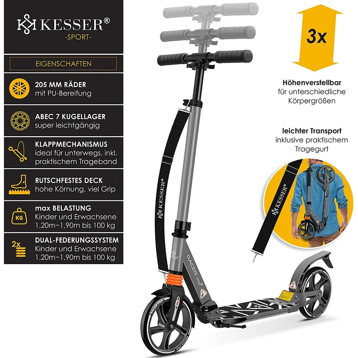 KESSER® Cityroller Scooter 205mm Räder PU Big Wheel - Pro-S Tretroller mit Doppel Federung, City-Roller Scooter klappbar und Höhenverstellbar, Roller Kickscooter für Erwachsene und Kinder Grau – Bild 2
