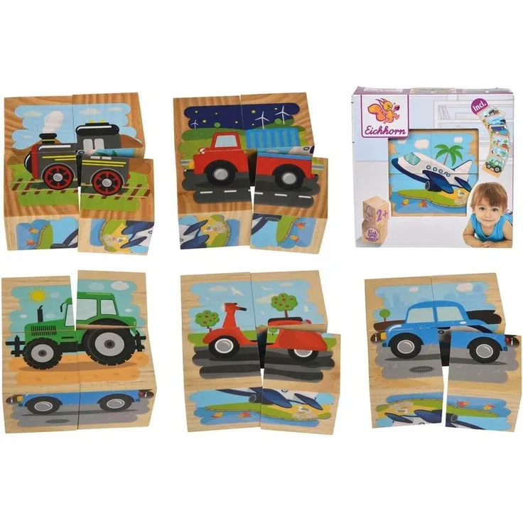Eichhorn 100005482 - Bilderwürfel, 4 Bausteine mit 6 Fahrzeugmotiven, 4-tlg., 9x9x4,5cm, FSC 100% Zertifiziertes Kiefernholz
