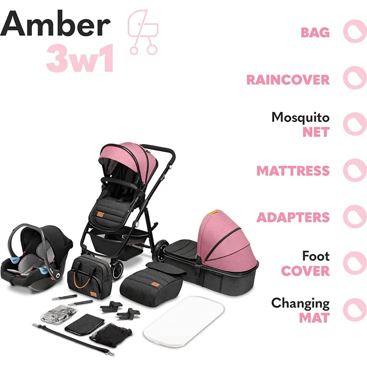 LIONELO Amber Kinderwagen 3 in 1 Kombikinderwagen Set sportlicher Sitz fester Babywanne Autositz Tasche Moskitonetz Regenschutz XXL-Dach mit Sonnenschutz (Pink) – Bild 8
