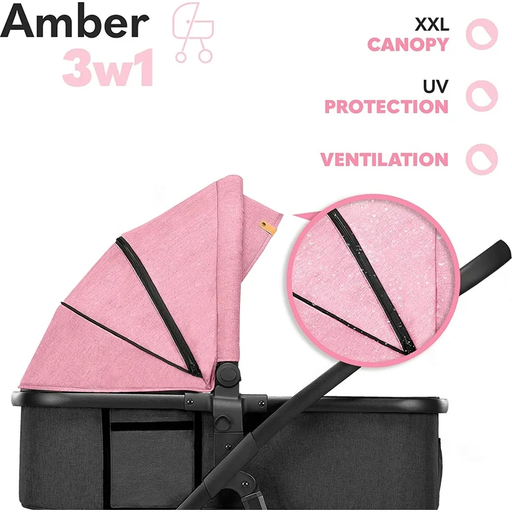 LIONELO Amber Kinderwagen 3 in 1 Kombikinderwagen Set sportlicher Sitz fester Babywanne Autositz Tasche Moskitonetz Regenschutz XXL-Dach mit Sonnenschutz (Pink) – Bild 4