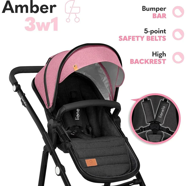 LIONELO Amber Kinderwagen 3 in 1 Kombikinderwagen Set sportlicher Sitz fester Babywanne Autositz Tasche Moskitonetz Regenschutz XXL-Dach mit Sonnenschutz (Pink) – Bild 5