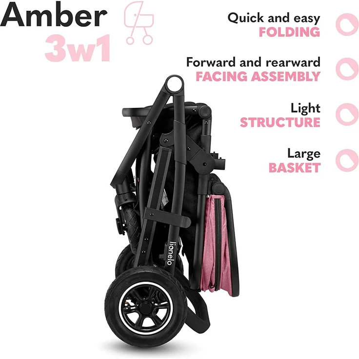 LIONELO Amber Kinderwagen 3 in 1 Kombikinderwagen Set sportlicher Sitz fester Babywanne Autositz Tasche Moskitonetz Regenschutz XXL-Dach mit Sonnenschutz (Pink) – Bild 6
