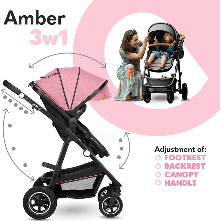 LIONELO Amber Kinderwagen 3 in 1 Kombikinderwagen Set sportlicher Sitz fester Babywanne Autositz Tasche Moskitonetz Regenschutz XXL-Dach mit Sonnenschutz (Pink) – Bild 3