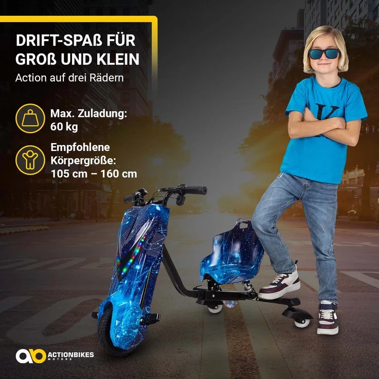 Kinder Elektro Drift Trike Scooter LED Driftrollen 360° bis zu 15km/h drosselbar (Space Blue) – Bild 4