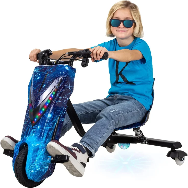 Kinder Elektro Drift Trike Scooter LED Driftrollen 360° bis zu 15km/h drosselbar (Space Blue) – Bild 1