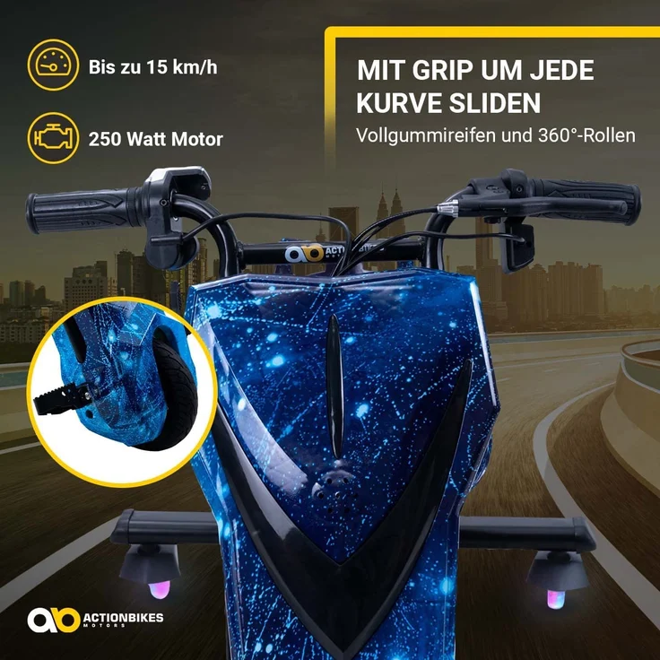 Kinder Elektro Drift Trike Scooter LED Driftrollen 360° bis zu 15km/h drosselbar (Space Blue) – Bild 6