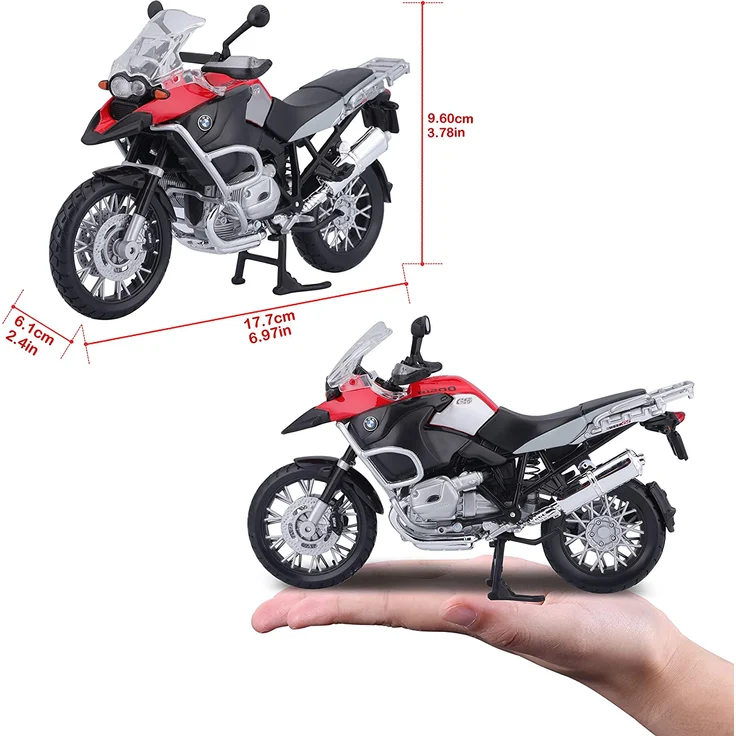 Maisto BMW R 1200 GS: Originalgetreues Motorradmodell, Maßstab 1:12, mit Hinterradfederung und beweglichem Seitenständer, schwarz-rot (531157) – Bild 4