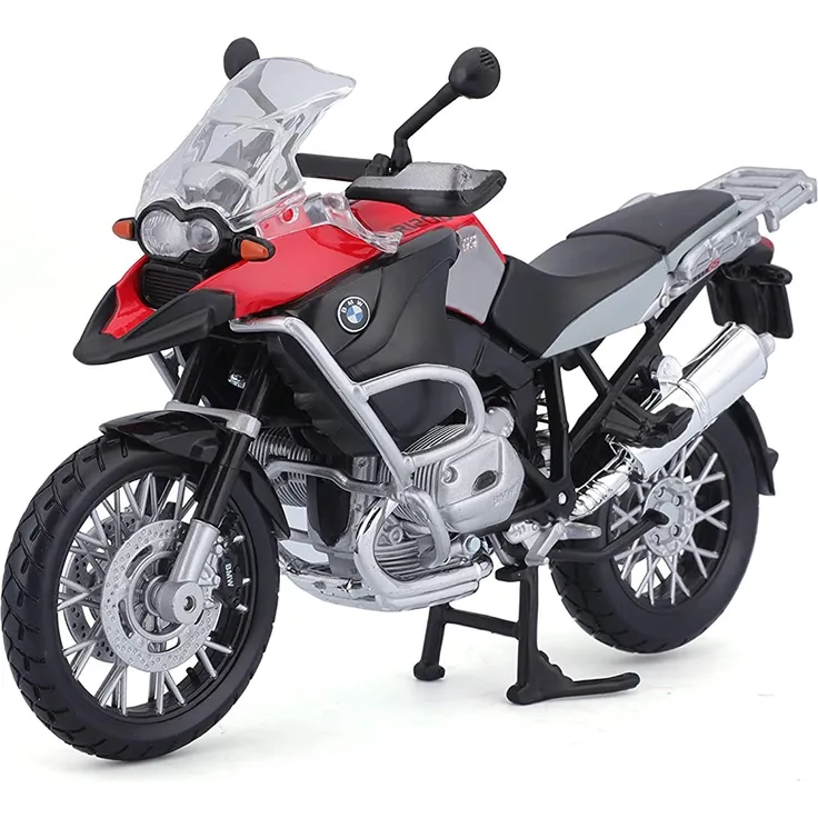 Maisto BMW R 1200 GS: Originalgetreues Motorradmodell, Maßstab 1:12, mit Hinterradfederung und beweglichem Seitenständer, schwarz-rot (531157)