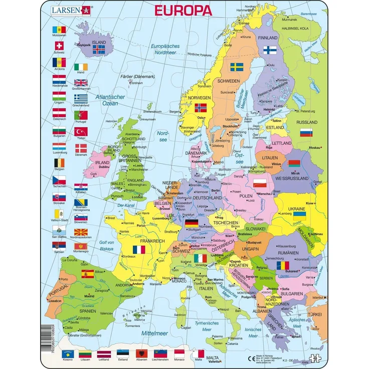 Larsen K2 Politische Karte Europas, Deutsch Ausgabe, Rahmenpuzzle mit 48 Teilen