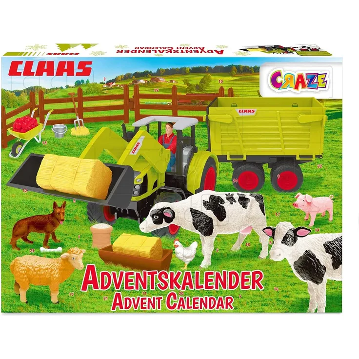 Craze Adventskalender 2020 CLAAS Traktor Bausatz Landwirtschaft Spielset mit Spielfiguren Tierfiguren Weihnachtskalender für Kinder 19597
