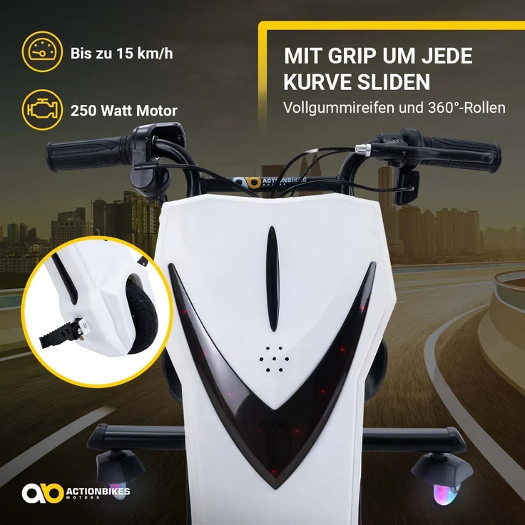 Kinder Elektro Drift Trike Scooter LED Driftrollen 360° bis zu 15km/h drosselbar (Weiß Matt) – Bild 6