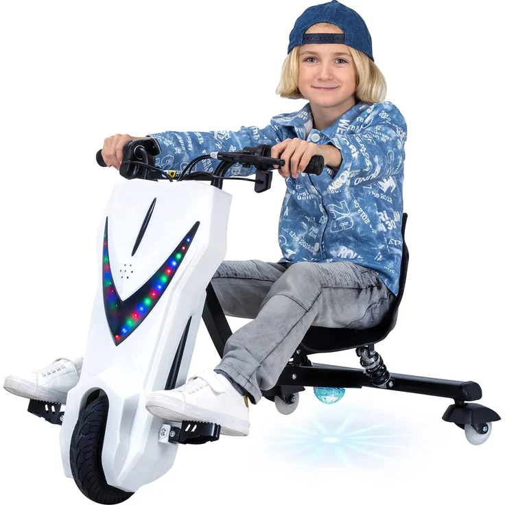 Kinder Elektro Drift Trike Scooter LED Driftrollen 360° bis zu 15km/h drosselbar (Weiß Matt) – Bild 1