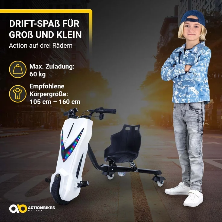 Kinder Elektro Drift Trike Scooter LED Driftrollen 360° bis zu 15km/h drosselbar (Weiß Matt) – Bild 4