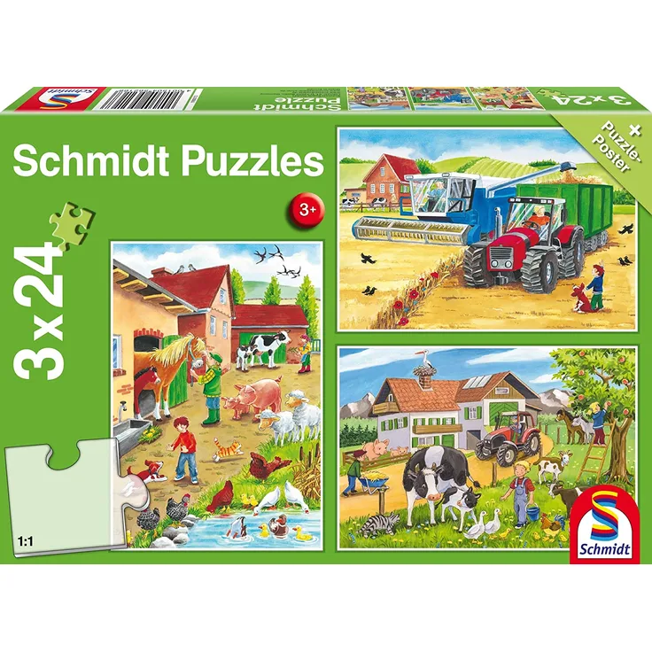 Schmidt Spiele Puzzle 56216, grün, Auf dem Bauernhof, 3x24 Teile