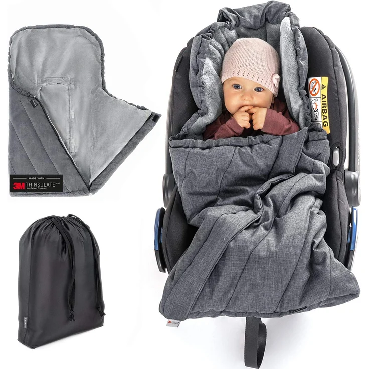 Zamboo Fußsack 3M für Babyschale - Baby Winterfußsack mit Thinsulate Füllung, warme Mumien Kapuze, Tasche - Grau (Pro) – Bild 1
