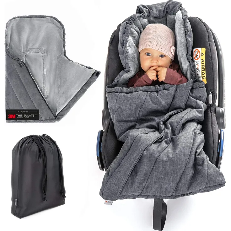 Zamboo Fußsack 3M für Babyschale - Baby Winterfußsack mit Thinsulate Füllung, warme Mumien Kapuze, Tasche - Grau (Pro)