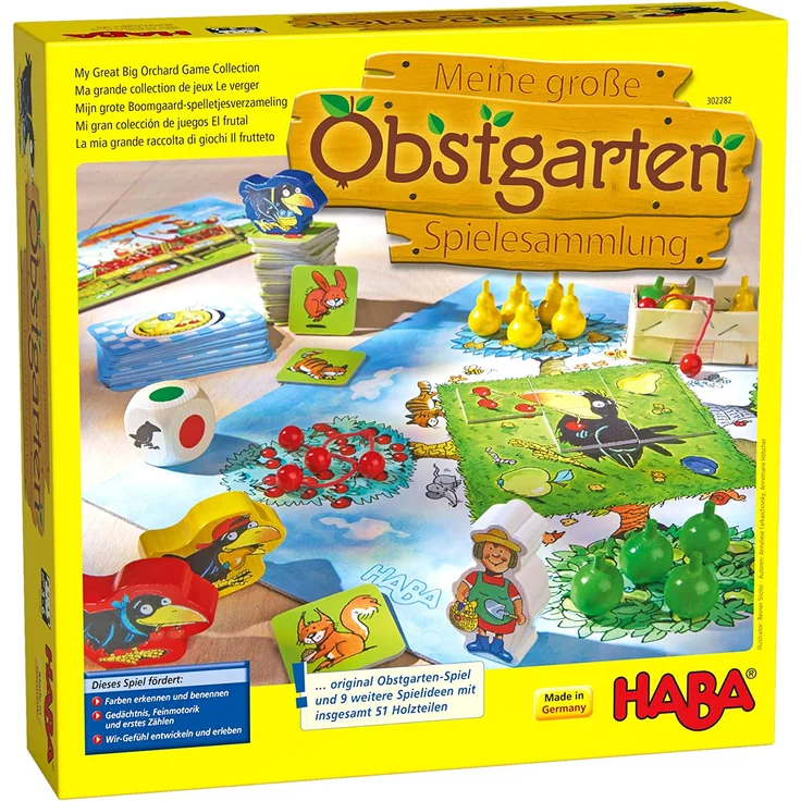 Haba 302282 - Meine große Obstgarten-Spielesammlung, original Obstgarten-Spiel und 9 weitere Spielideen in einer Packung, Spielesammlung zum beliebten Haba-Klassiker, Kinderspiele ab 3 Jahren – Bild 1