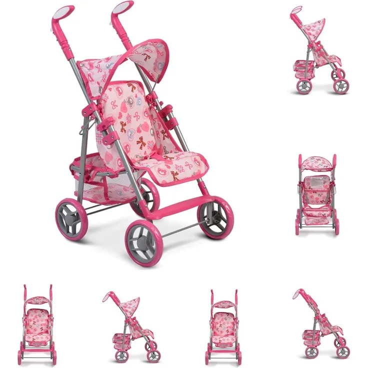 Moni Puppenwagen Flower Garden, Rückenlehne und Griffe verstellbar klappbar Korb pink