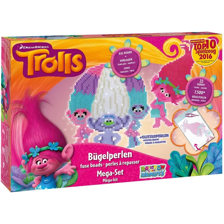 Craze 54650 - Rainbow Beadys Bügelperlen Mega Set Dreamworks Trolls inklusiv Zubehör, 7500 Perlen, rosa