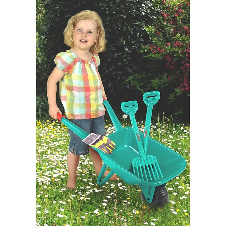 Theo Klein 2752 Bosch Gartenset mit Schubkarre I Mit Schaufel, Rechen und Arbeitsshandschuhen I Maße: 70,5 cm x 34 cm x 33 cm I Spielzeug für Kinder ab 3 Jahren – Bild 2