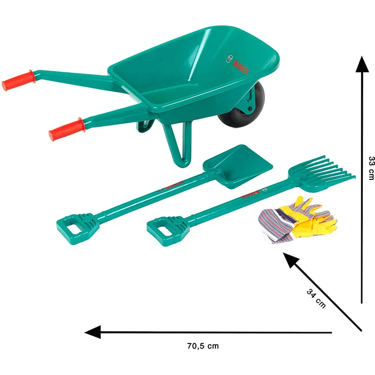 Theo Klein 2752 Bosch Gartenset mit Schubkarre I Mit Schaufel, Rechen und Arbeitsshandschuhen I Maße: 70,5 cm x 34 cm x 33 cm I Spielzeug für Kinder ab 3 Jahren – Bild 3