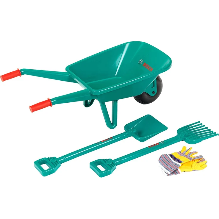 Theo Klein 2752 Bosch Gartenset mit Schubkarre I Mit Schaufel, Rechen und Arbeitsshandschuhen I Maße: 70,5 cm x 34 cm x 33 cm I Spielzeug für Kinder ab 3 Jahren – Bild 1