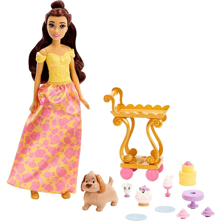 Disney Princess HLW20 - Belle-Puppe mit schimmernder Kleidung, Teewagen, Freunden und Speisen, Teewagen-Spielset, inspiriert durch den Disney Film, Disney Prinzessin Puppen Spielzeug ab 3 Jahren – Bild 3