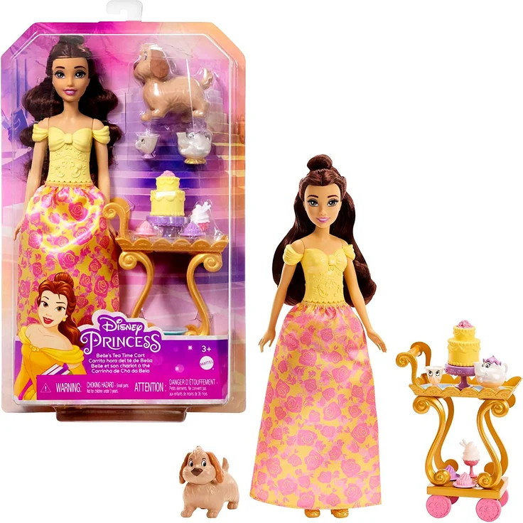 Disney Princess HLW20 - Belle-Puppe mit schimmernder Kleidung, Teewagen, Freunden und Speisen, Teewagen-Spielset, inspiriert durch den Disney Film, Disney Prinzessin Puppen Spielzeug ab 3 Jahren – Bild 1