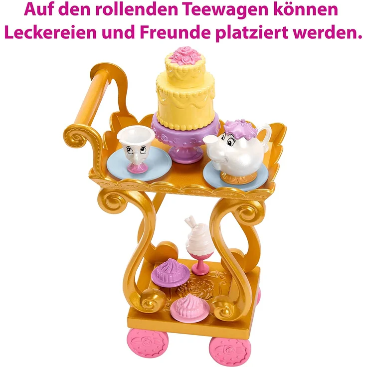 Disney Princess HLW20 - Belle-Puppe mit schimmernder Kleidung, Teewagen, Freunden und Speisen, Teewagen-Spielset, inspiriert durch den Disney Film, Disney Prinzessin Puppen Spielzeug ab 3 Jahren – Bild 5