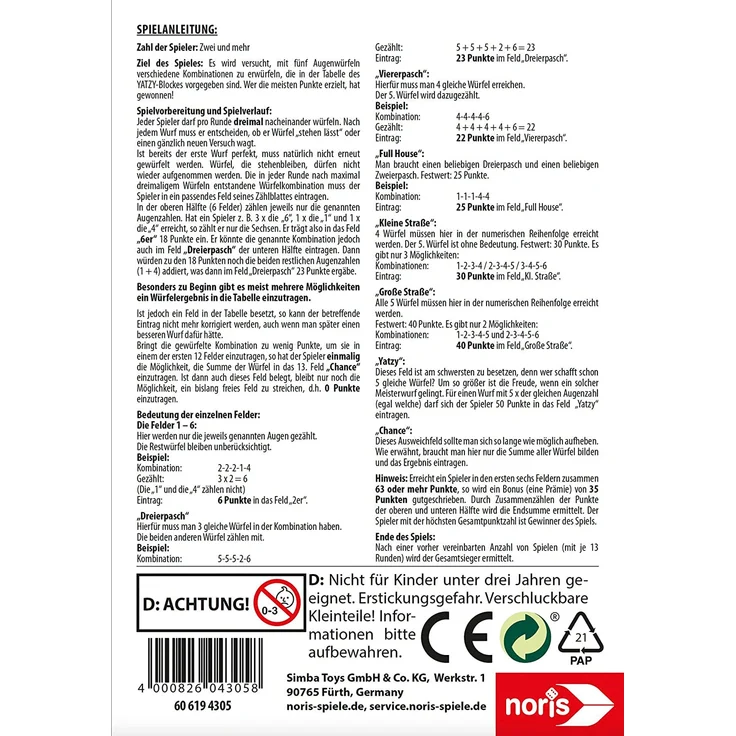 Noris Spiele - Spielblock Knubbel-Yatzy – Bild 2