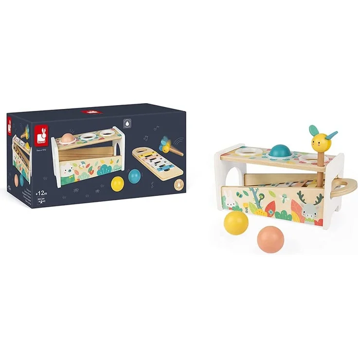 Janod Tap Tap Xylo Pure Schlagspiel aus Holz - 2-in-1 Klopfbank Baby Musikinstrument, Motorikspielzeug und Lernspielzeug - mit 3 Bällen, Hammer + Xylophon - ab 1 Jahr, J05155 – Bild 11
