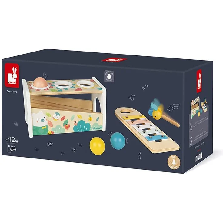 Janod Tap Tap Xylo Pure Schlagspiel aus Holz - 2-in-1 Klopfbank Baby Musikinstrument, Motorikspielzeug und Lernspielzeug - mit 3 Bällen, Hammer + Xylophon - ab 1 Jahr, J05155 – Bild 12