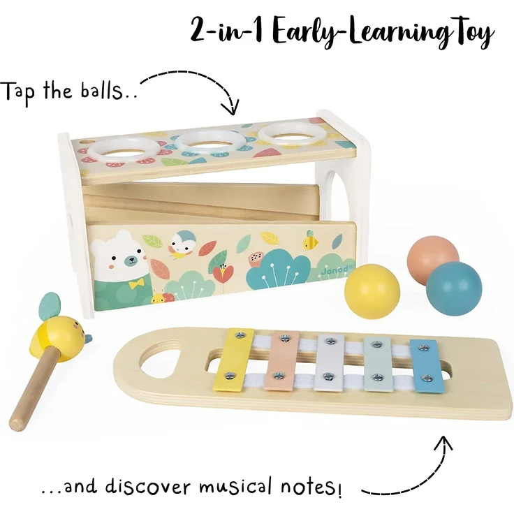 Janod Tap Tap Xylo Pure Schlagspiel aus Holz - 2-in-1 Klopfbank Baby Musikinstrument, Motorikspielzeug und Lernspielzeug - mit 3 Bällen, Hammer + Xylophon - ab 1 Jahr, J05155 – Bild 4