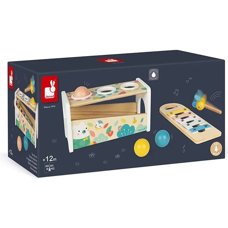 Janod Tap Tap Xylo Pure Schlagspiel aus Holz - 2-in-1 Klopfbank Baby Musikinstrument, Motorikspielzeug und Lernspielzeug - mit 3 Bällen, Hammer + Xylophon - ab 1 Jahr, J05155 – Bild 10