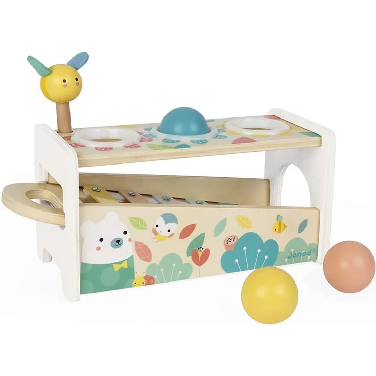 Janod Tap Tap Xylo Pure Schlagspiel aus Holz - 2-in-1 Klopfbank Baby Musikinstrument, Motorikspielzeug und Lernspielzeug - mit 3 Bällen, Hammer + Xylophon - ab 1 Jahr, J05155 – Bild 1