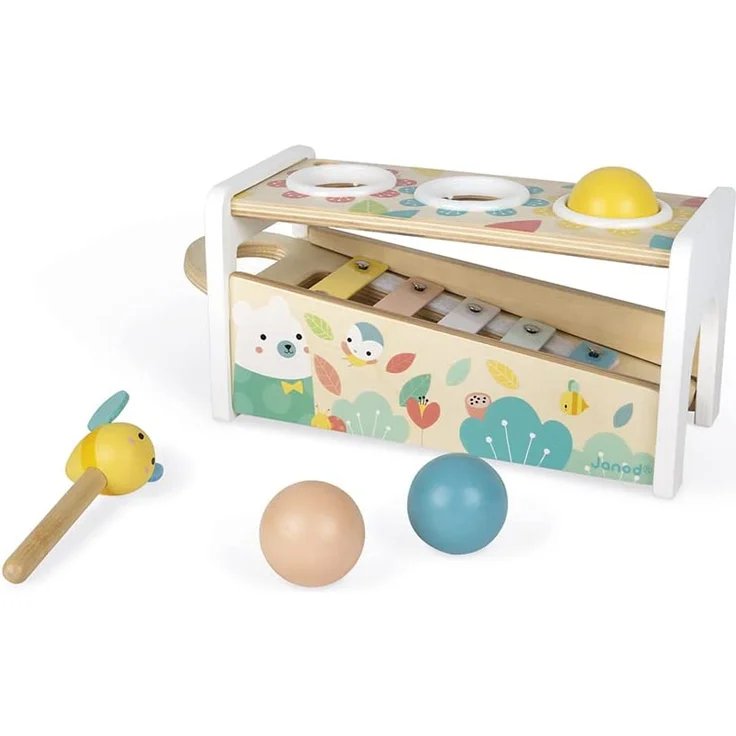 Janod Tap Tap Xylo Pure Schlagspiel aus Holz - 2-in-1 Klopfbank Baby Musikinstrument, Motorikspielzeug und Lernspielzeug - mit 3 Bällen, Hammer + Xylophon - ab 1 Jahr, J05155 – Bild 5