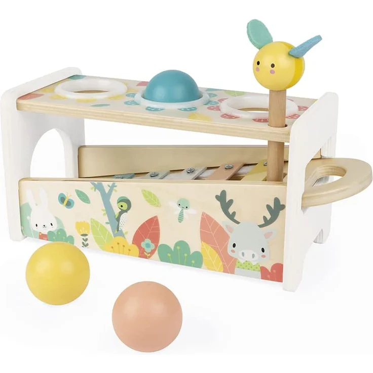 Janod Tap Tap Xylo Pure Schlagspiel aus Holz - 2-in-1 Klopfbank Baby Musikinstrument, Motorikspielzeug und Lernspielzeug - mit 3 Bällen, Hammer + Xylophon - ab 1 Jahr, J05155 – Bild 2