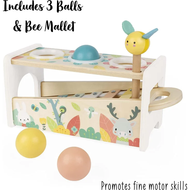 Janod Tap Tap Xylo Pure Schlagspiel aus Holz - 2-in-1 Klopfbank Baby Musikinstrument, Motorikspielzeug und Lernspielzeug - mit 3 Bällen, Hammer + Xylophon - ab 1 Jahr, J05155 – Bild 3