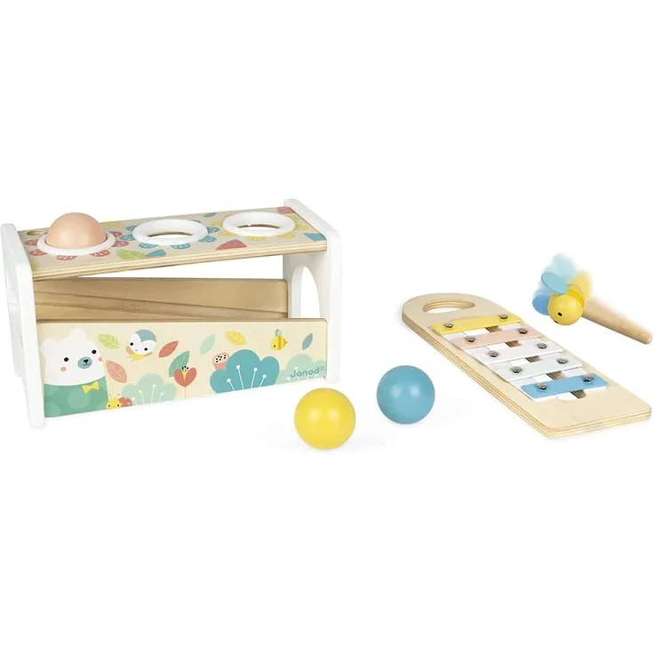 Janod Tap Tap Xylo Pure Schlagspiel aus Holz - 2-in-1 Klopfbank Baby Musikinstrument, Motorikspielzeug und Lernspielzeug - mit 3 Bällen, Hammer + Xylophon - ab 1 Jahr, J05155 – Bild 9