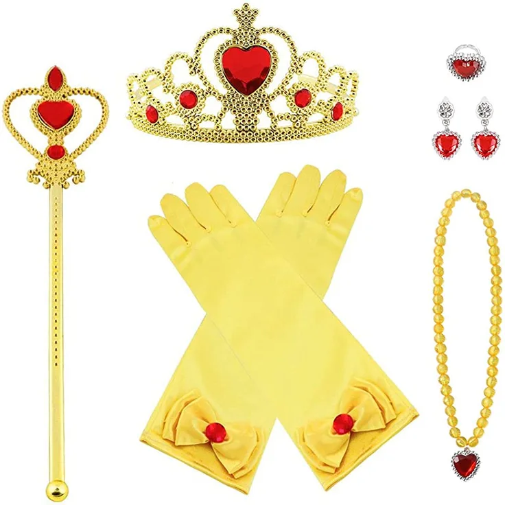 Vicloon Prinzessin Kostüme Eisprinzessin Set of 5 , ELSA Handschuhe Zauberstab Tiara Krone Halskette Ohrringe (Gelbes)