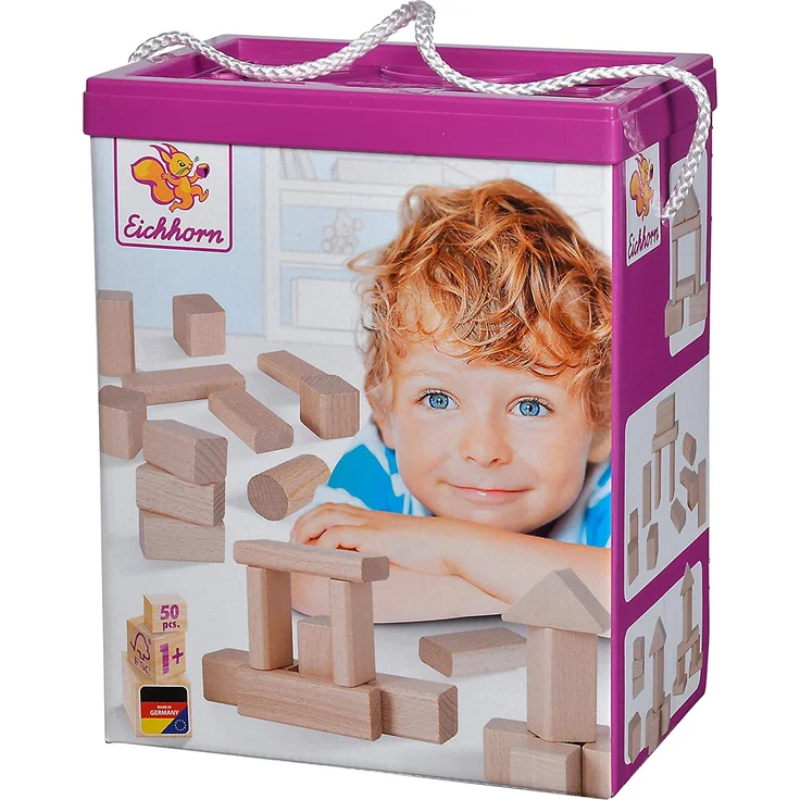 Eichhorn 50 naturfarbene Holzbausteine in Aufbewahrungsbox mit Sortierdeckel, FSC 100% zertifiziertes Buchenholz, hergestellt in Deutschland, Motorikspielzeug geeignet für Kinder ab 1 Jahr – Bild 1