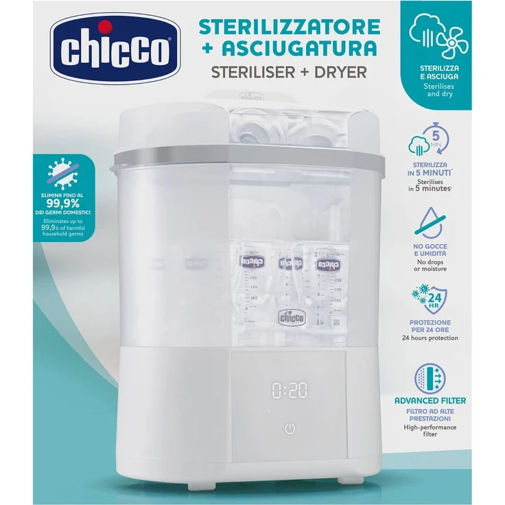 Chicco Modularer Sterilisator mit Trocknungsfunktion, Babyflaschen-Sterilisator, Einstellbarer Dampfsterilisator für Babyflaschen,für Mikrowelle, mit 2 Konfigurationen,Schnelle und Einfache Anwendung – Bild 1