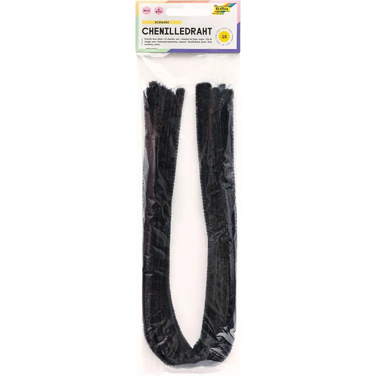 folia 77890 - Chenilledraht, Pfeifenputzer, 10 Stück in schwarz, Durchmesser 8 mm und 50 cm lang, ideal für Kinder zum Basteln und Gestalten von Tieren, Figuren und anderen Formen – Bild 1