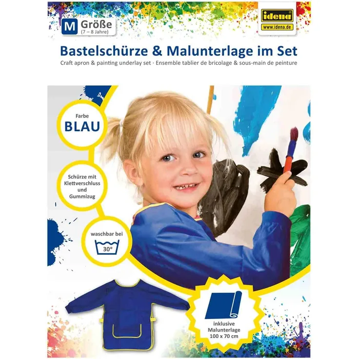 Idena 60001 - Bastelschürze für Kinder von 7 - 8 Jahren mit langen Ärmeln und Klettverschluss, inklusive Malunterlage, perfekt zum Malen, Basteln, Kochen und Matschen, blau