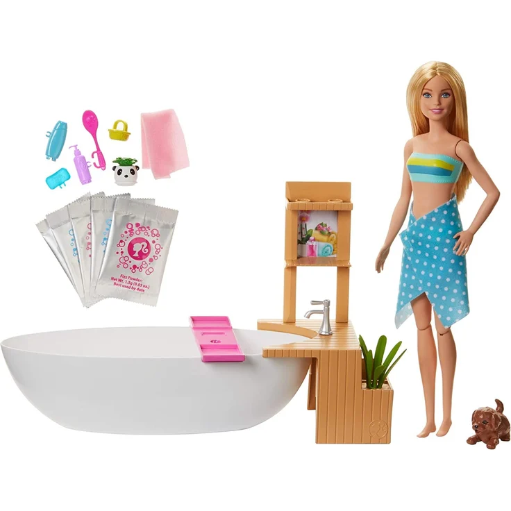 Barbie GJN32 - Wellness Sprudelbad Puppe (blond) und Spielset, mit Badewanne, Hündchen und weiteren Zuebhörteilen, Spielzeug ab 3 Jahren – Bild 2