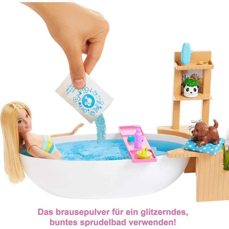 Barbie GJN32 - Wellness Sprudelbad Puppe (blond) und Spielset, mit Badewanne, Hündchen und weiteren Zuebhörteilen, Spielzeug ab 3 Jahren – Bild 5