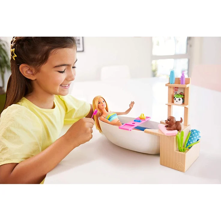 Barbie GJN32 - Wellness Sprudelbad Puppe (blond) und Spielset, mit Badewanne, Hündchen und weiteren Zuebhörteilen, Spielzeug ab 3 Jahren – Bild 3