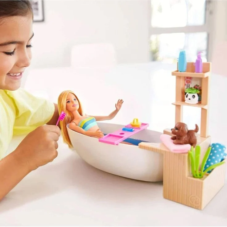 Barbie GJN32 - Wellness Sprudelbad Puppe (blond) und Spielset, mit Badewanne, Hündchen und weiteren Zuebhörteilen, Spielzeug ab 3 Jahren – Bild 9